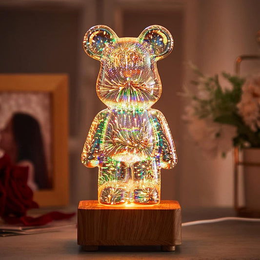 3D Firework Bear Light Projection Colorful Bear Decor Room Night Lights, Glass Three-Dimensional Table Lamp Variable 8 Color Light for Desk Bear Night Lights Valentine'S Day Gifts for Her or Him